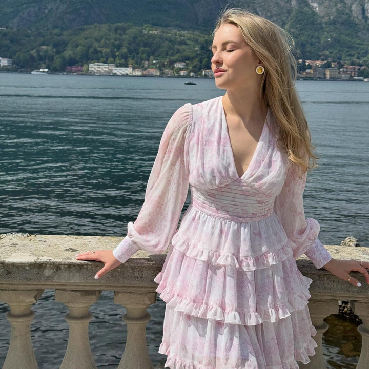 Damen romantisches Rüschendetail Kleid mit tiefem V-Ausschnitt und langem Ärmel Drune