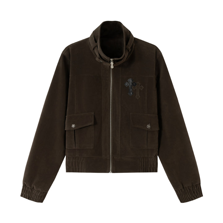 Herren Kurzblouson aus Veloursoptik mit Funnelkragen, Cargo‑Pattentaschen und Zierkreuz-Applikation Drune