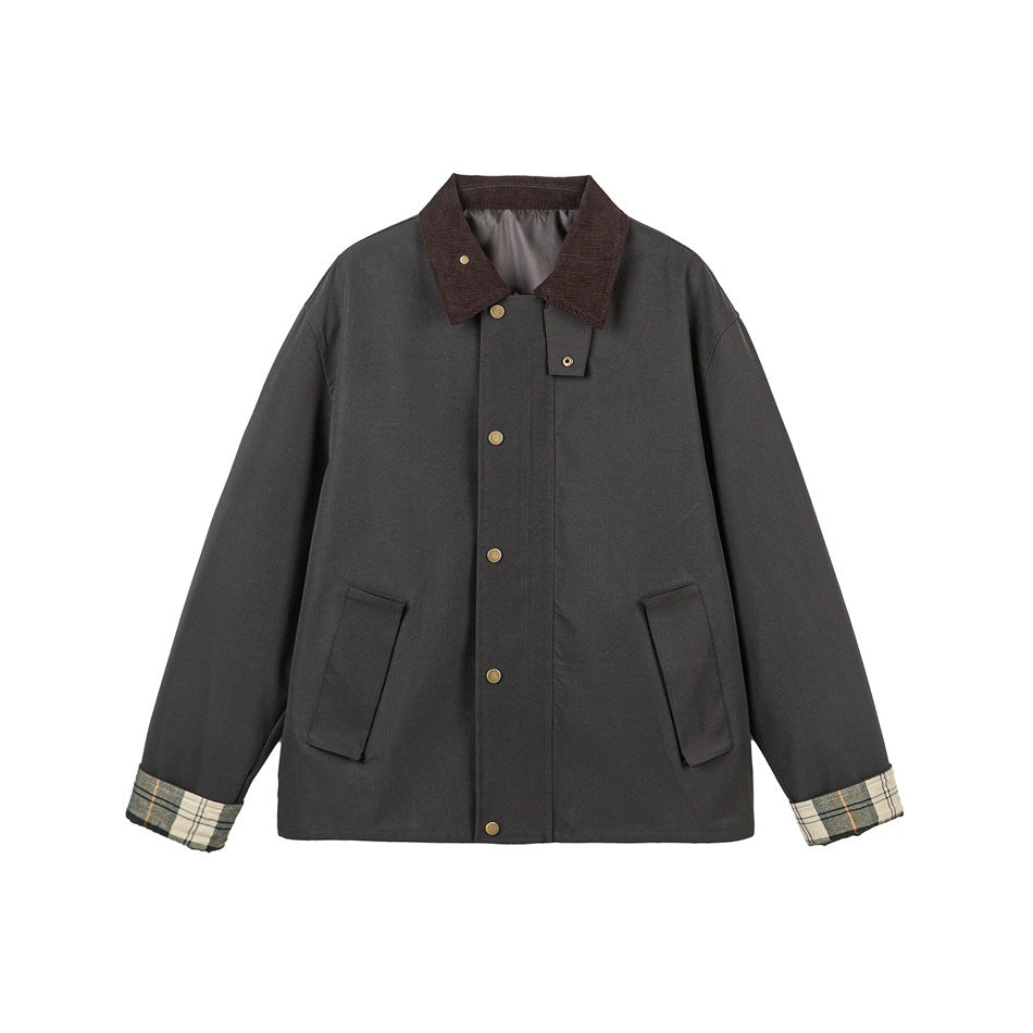 Herren Kurz geschnittene Canvas‑Fieldjacke mit Cordkragen und verdeckter Druckknopfleiste Drune