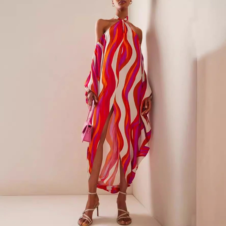 Damen Maxikleid mit asymmetrischem Saum und modischen Streifen Drune