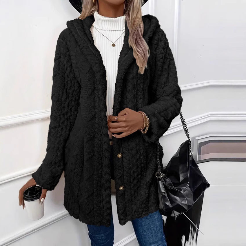 Damen nan kuschelige Teddy-Mantel mit Kapuze, Knopfleiste und Taschen Drune