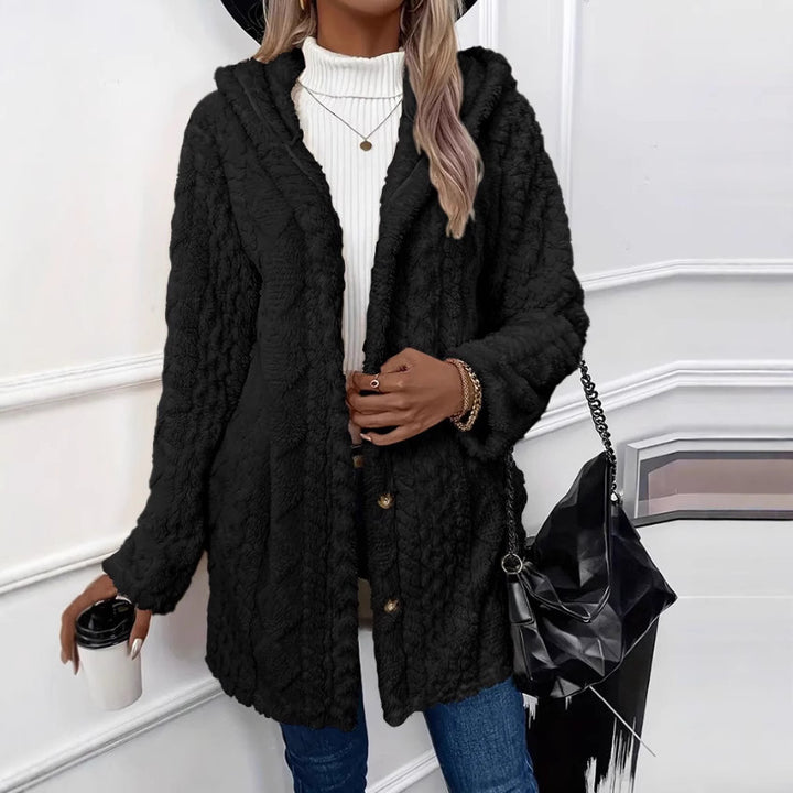 Damen nan kuschelige Teddy-Mantel mit Kapuze, Knopfleiste und Taschen Drune