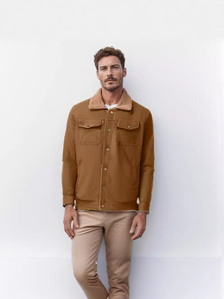 Herren lässige Jacke mit Kunstfellkragen und praktischen Taschen Drune