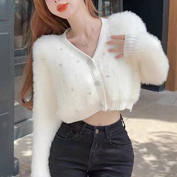 Damen Flauschige Strickjacke mit funkelnden Details und modernem Schnitt Drune