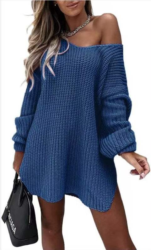 Damen Oversize Strickkleid mit weitem Rundhalsausschnitt und lässiger Passform Drune