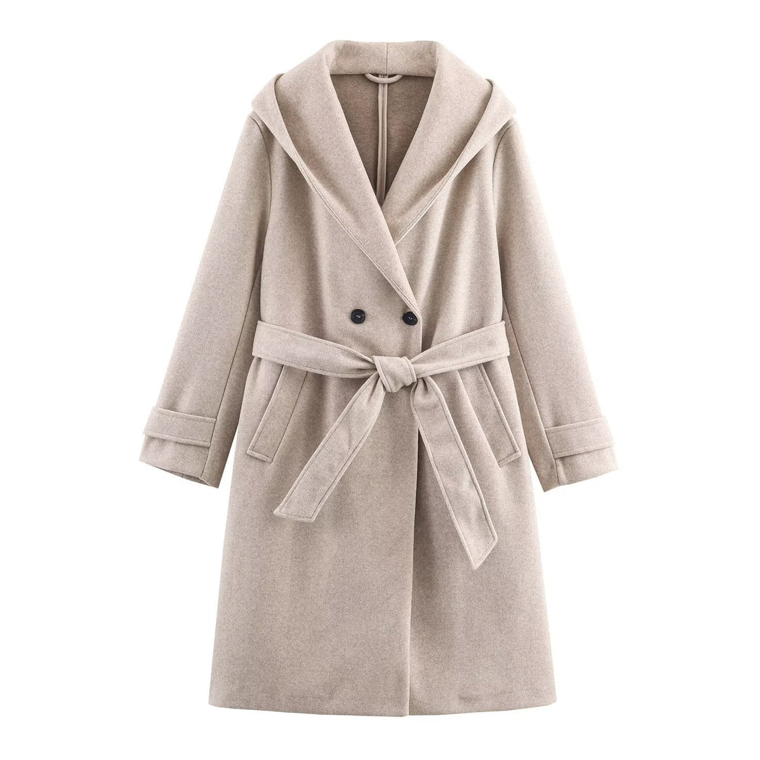 Drune | Damen Woll Winterjacke mit Kapuze und Gürtel im knielangen Stil