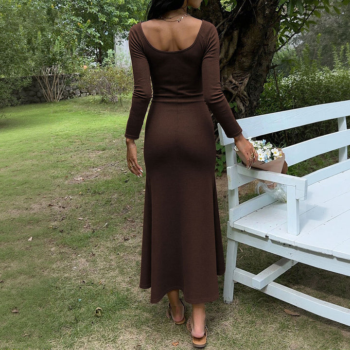 Damen figurbetontes Ripp-Maxikleid mit langen Ärmeln, Knoten‑Keyhole und ausgestelltem Meerjungfrauen-Saum Drune