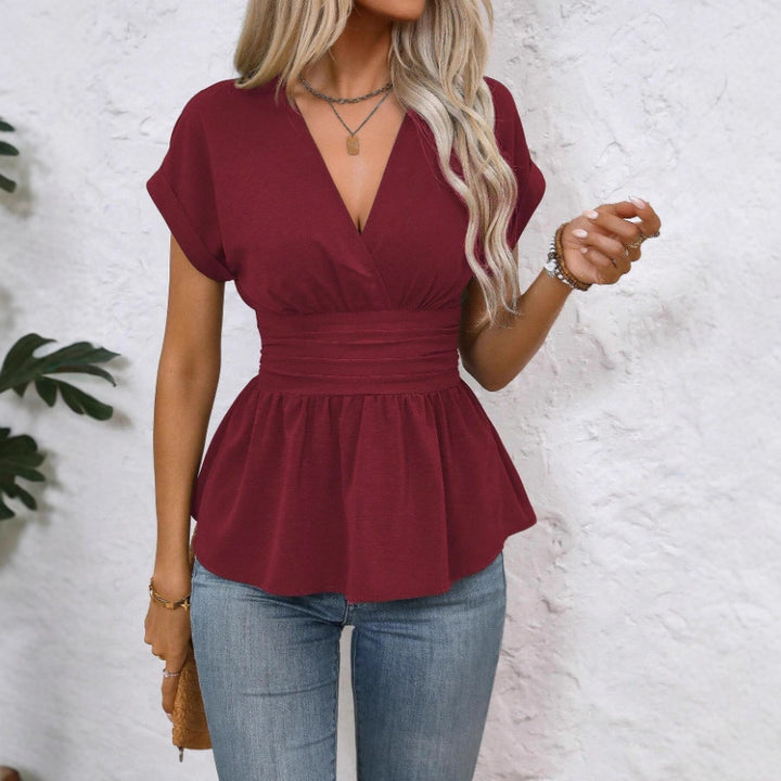 Damen Peplum-Bluse mit V-Ausschnitt und Taillengürtel Drune