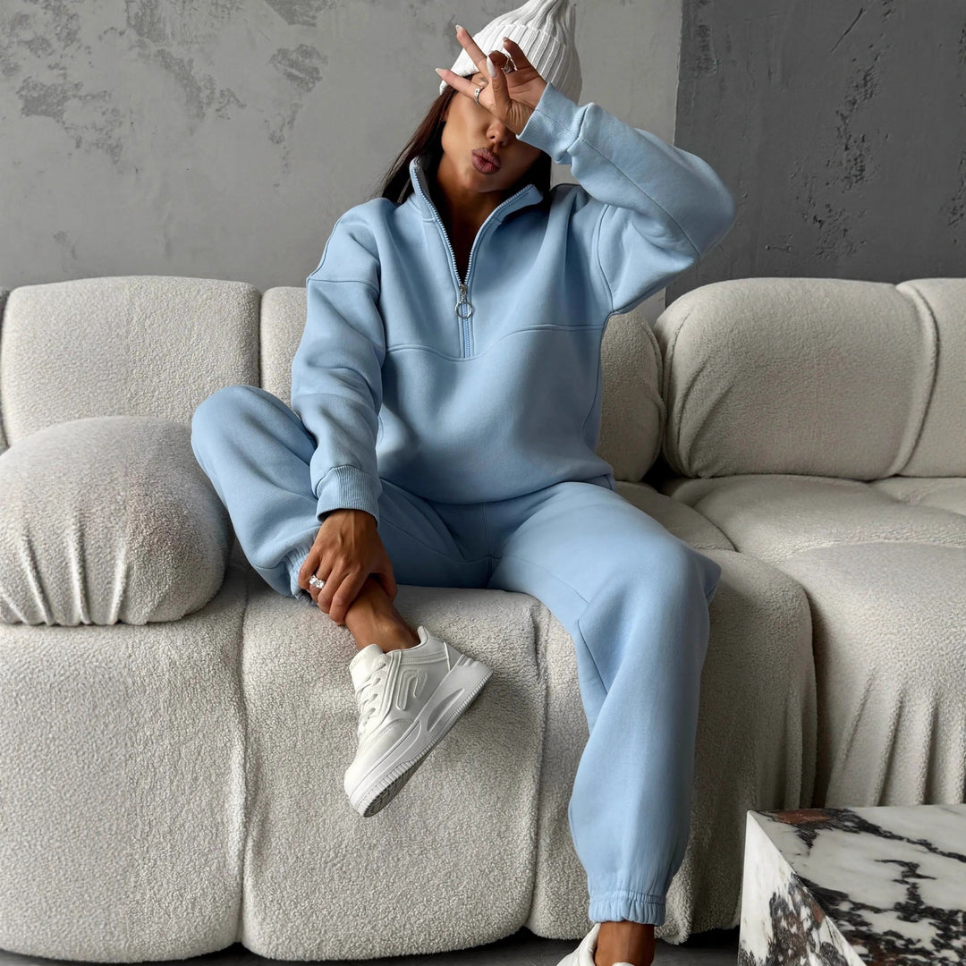 Damen sportlicher Fleece-Jogginganzug mit hohem Kragen und praktischen Reißverschlussdetails Drune