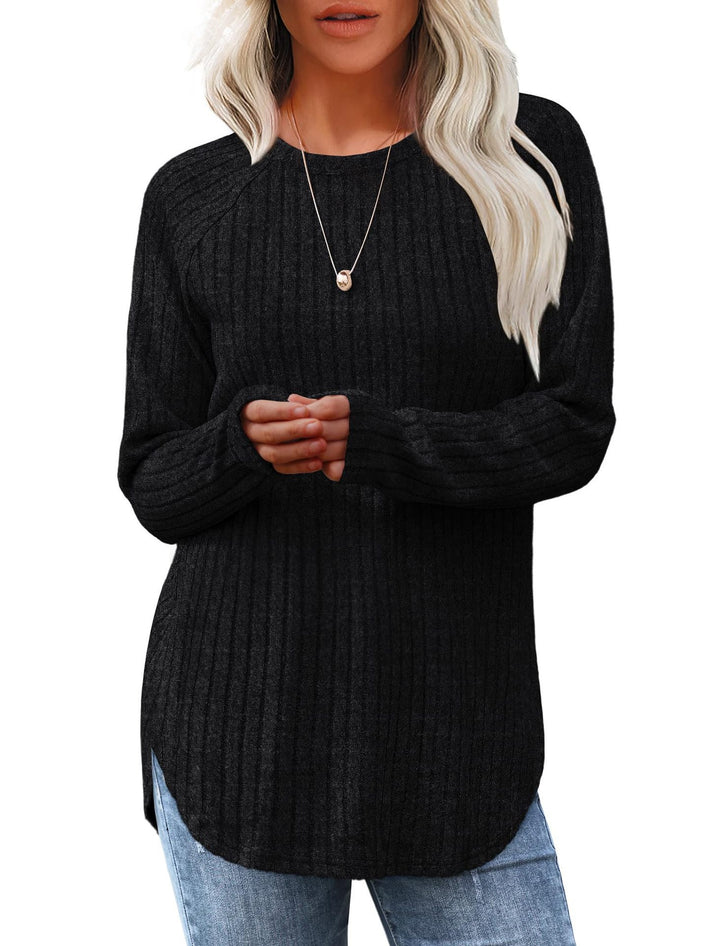 Damen gerippter Strickpullover mit Rundhalsausschnitt Oversize-Passform und Seitenschlitzen Drune