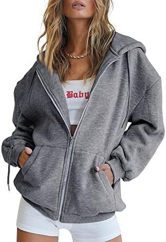 Damen nan lässige Zip-Hoodie-Jacke im Boxy-Cut mit überschnittener Schulter, verdecktem Tunnelzug und großen Kängurutaschen Drune
