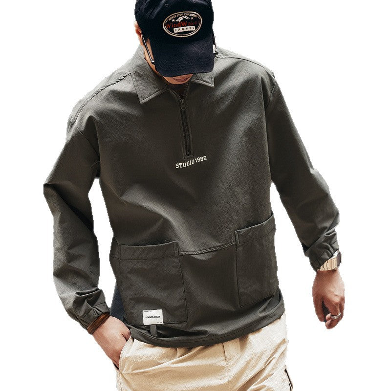 Herren Utility-Halbzip-Pullover mit Hemdkragen und Kängurutaschen Drune