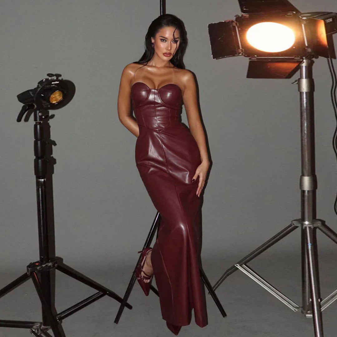 Damen figurbetontes Kunstlederkleid mit herzförmigem Ausschnitt und elegantem Schnitt Drune