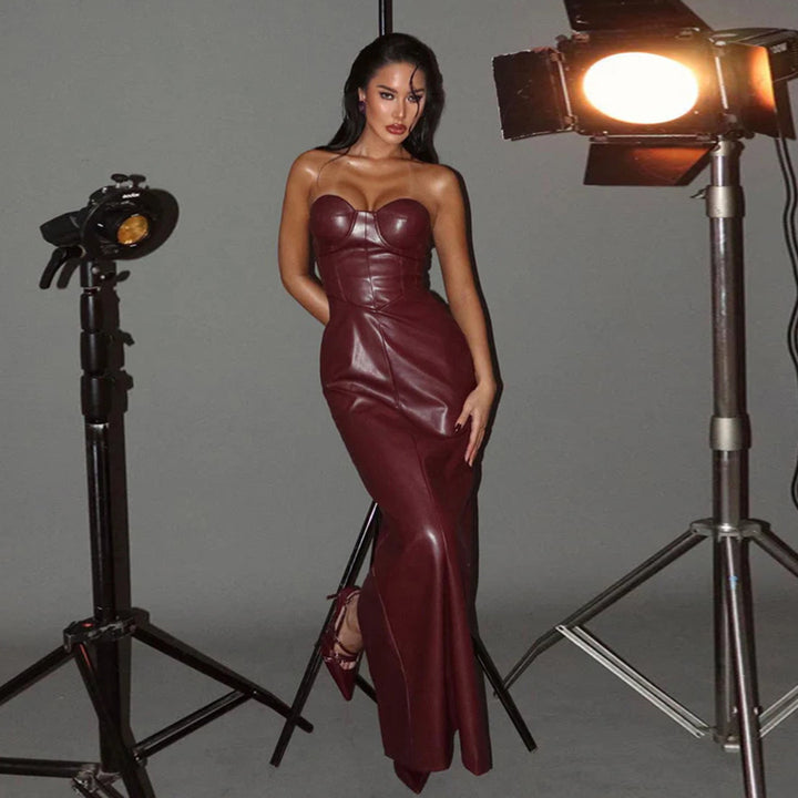 Damen figurbetontes Kunstlederkleid mit herzförmigem Ausschnitt und elegantem Schnitt Drune