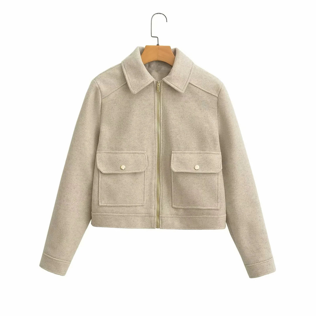 Damen nan boxy Wollblend Shacket mit verdecktem Metallreißverschluss, Hemdkragen und aufgesetzten Pattentaschen Drune