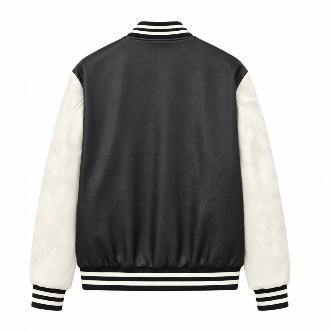 Herren Varsity‑Bomberjacke im College‑Stil mit Lederimitatkörper und kontrastierenden Wildlederärmeln Drune