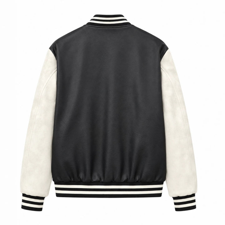Herren Varsity‑Bomberjacke im College‑Stil mit Lederimitatkörper und kontrastierenden Wildlederärmeln Drune
