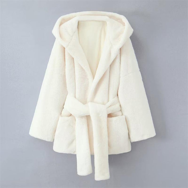 Damen Kapuzenjacke aus kuscheligem Material mit taillierbarem Gürtel und praktischen Taschen Drune