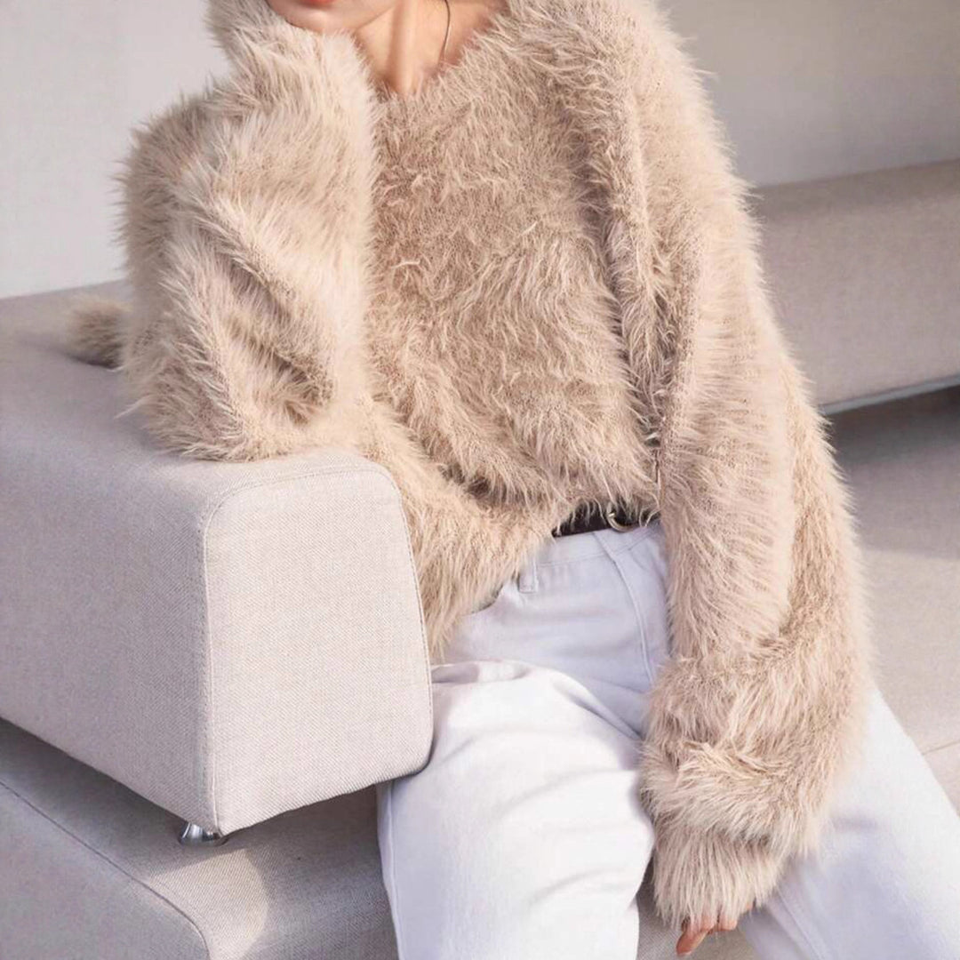 Damen Lang geschnittener Kuschel-Feinstrickpullover mit weichem Flormix, Rundhalsausschnitt und legerer Silhouette Drune