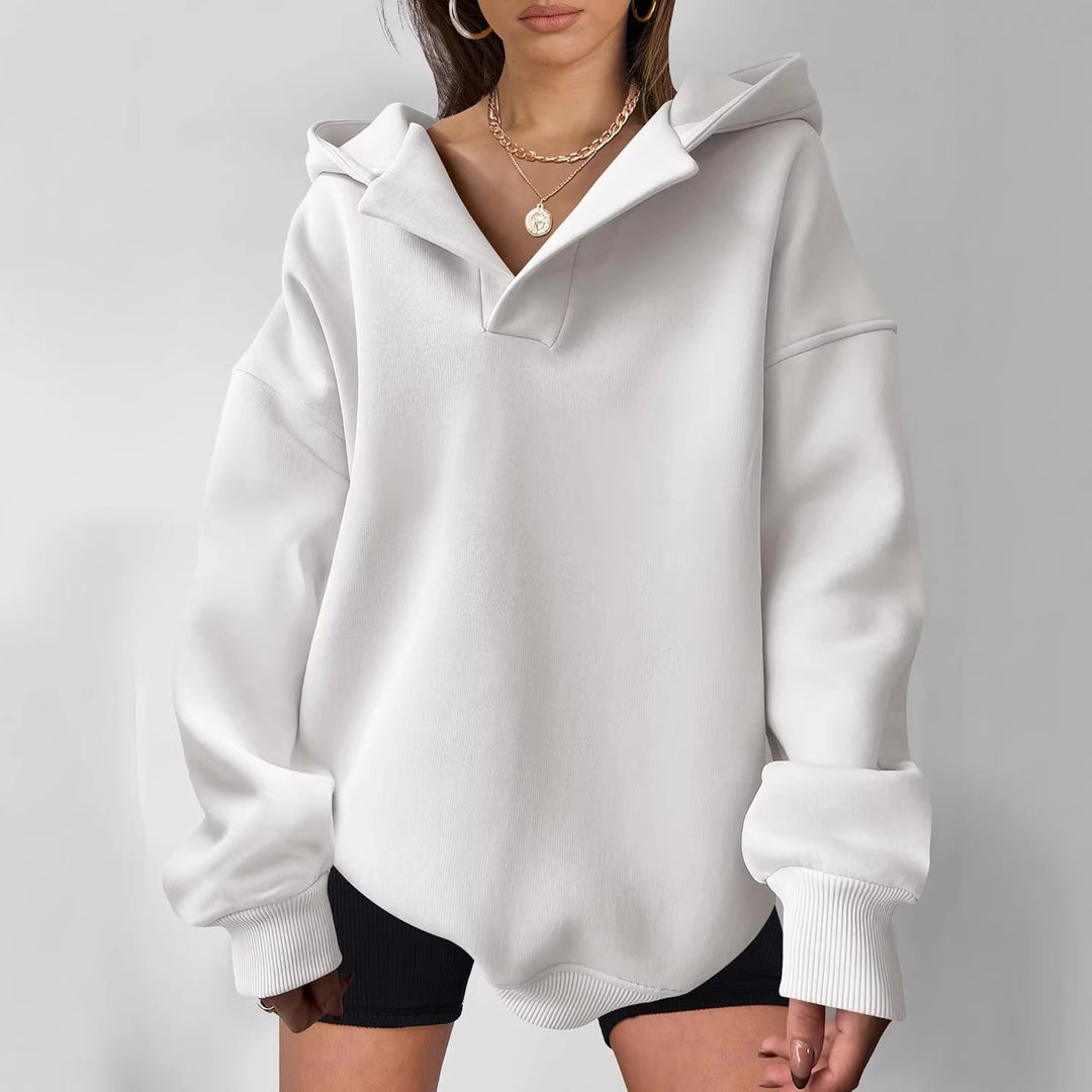 Damen Oversize-Kapuzenpullover aus schwerem Sweatstoff mit V‑Ausschnitt‑Detail und langen Rippbündchen Drune