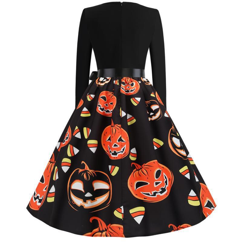Damen Vintage A-Linien-Kleid mit gewelltem Ausschnitt, Taillenschärpe und Kürbis-Print Drune