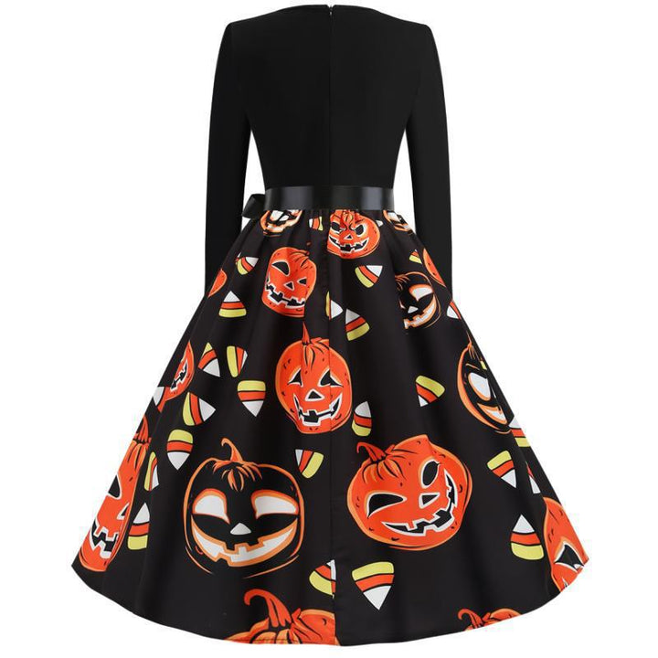 Damen Vintage A-Linien-Kleid mit gewelltem Ausschnitt, Taillenschärpe und Kürbis-Print Drune