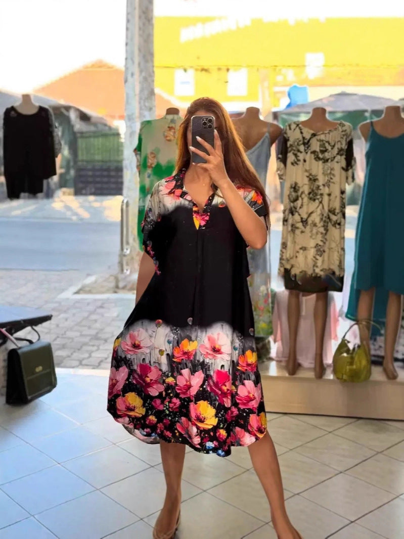 Damen nan leichtes Hemdblusenkleid mit floralem Bordürenprint, offenem V‑Ausschnitt und Einschubtaschen Drune