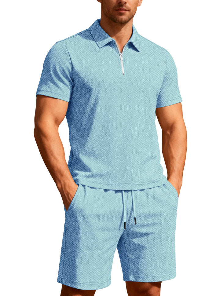 Herren nan komfortables Lounge-Zweiteiler aus strukturierter Baumwollmischung mit Halbzip-Poloshirt und Kordel-Shorts Drune