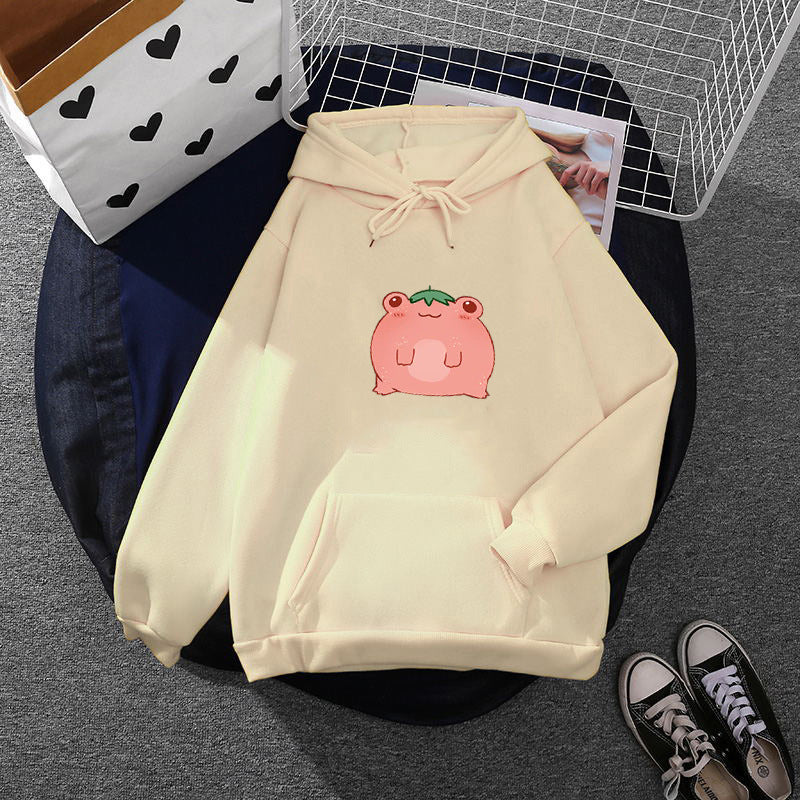 Damen nan oversized Kapuzenpullover aus Microfleece mit Cartoonfrosch-Motiv und Kängurutasche Drune