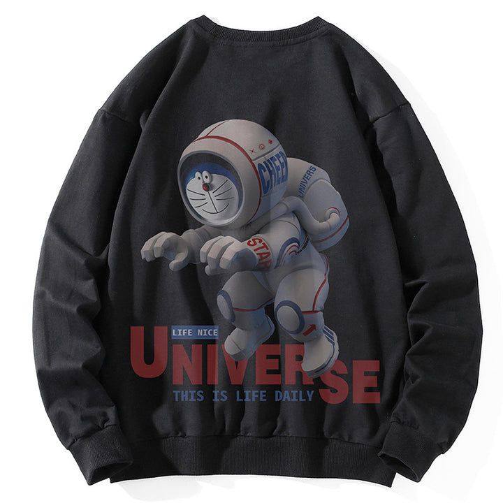 Unisex Oversize Pullover mit Cartoon-Astronauten-Frontprint, Rundhalsausschnitt und Rippbündchen Drune