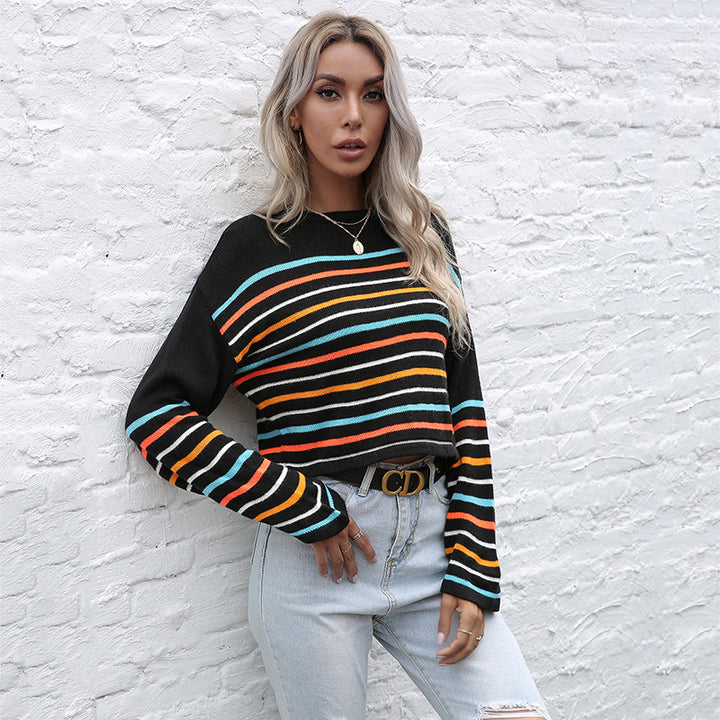 Damen Cropped Feinstrickpullover mit bunten Blockstreifen Drune
