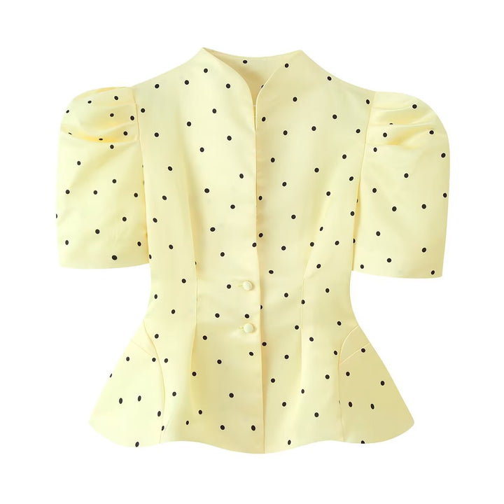 Damen Polka-Dot Bluse mit Stehkragen, Puffärmeln und tailliertem Schößchen Drune