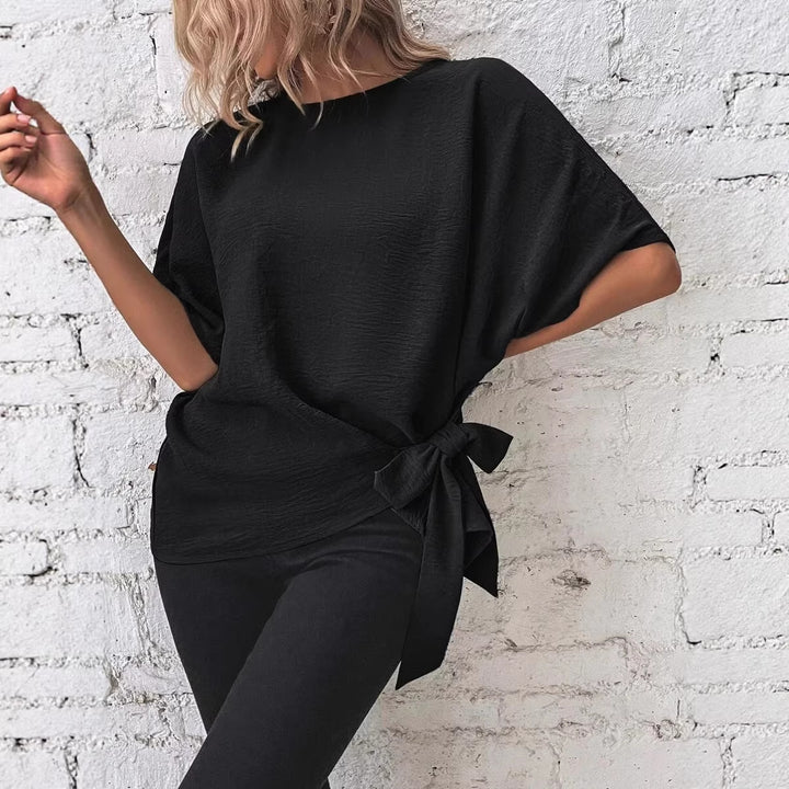 Damen Oversize-Bluse mit Seitenschleife und Fledermausärmeln Drune