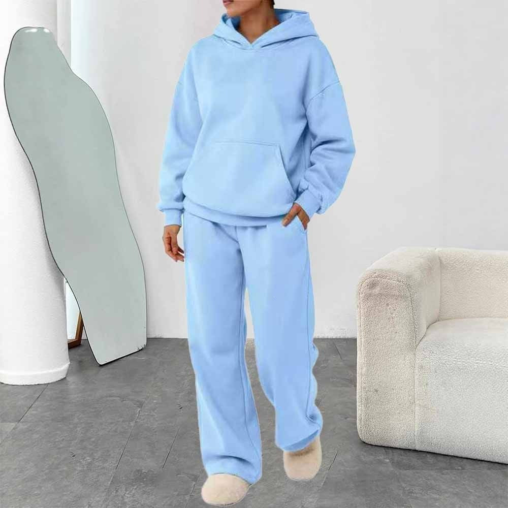 Damen nan zweiteiliges Freizeit-Lounge-Set mit Kapuzenpullover, Kängurutasche und gerader Loungehose aus weichem Baumwollmix Drune