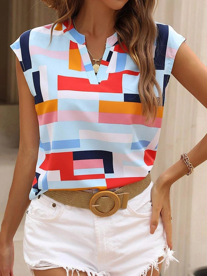 Damen Geometrische Chiffon‑Bluse mit kurzem Cap‑Ärmel und V‑Schlitz Drune
