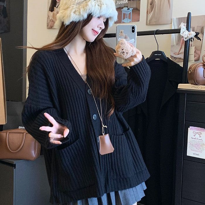 Damen gemütlicher Strickcardigan mit Knopfdetails und Taschen Drune
