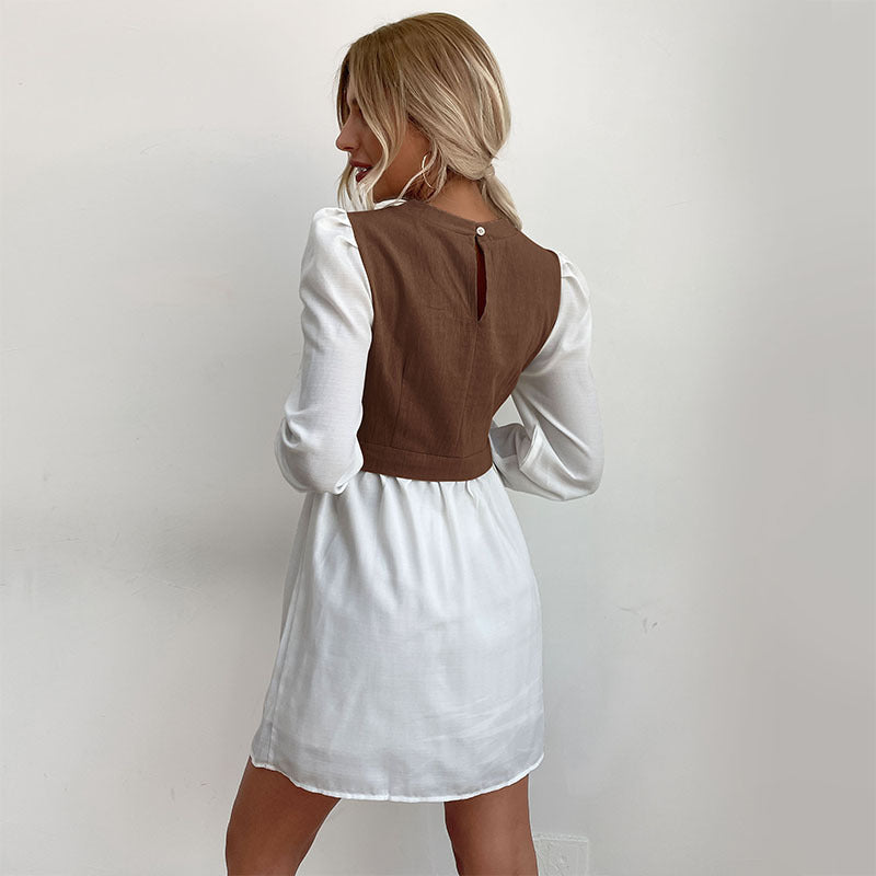 Damen Hemdblusenkleid mit eingesetzter kurzgeschnittener Weste, Puffärmeln und taillierter Silhouette Drune