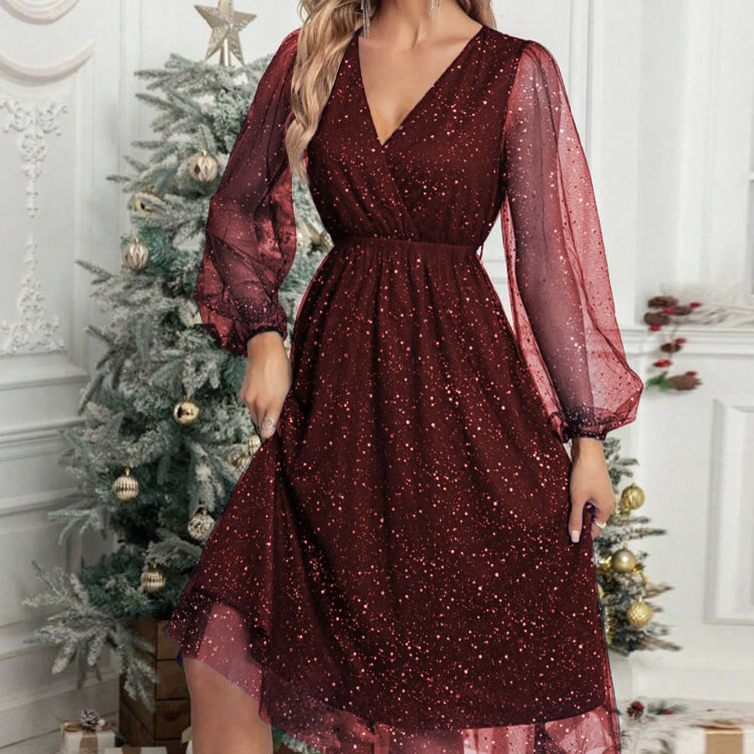 Damen Festliches Midikleid aus Glitzer‑Chiffon mit V‑Ausschnitt, tailliertem Gummibund und Ballonärmeln Drune