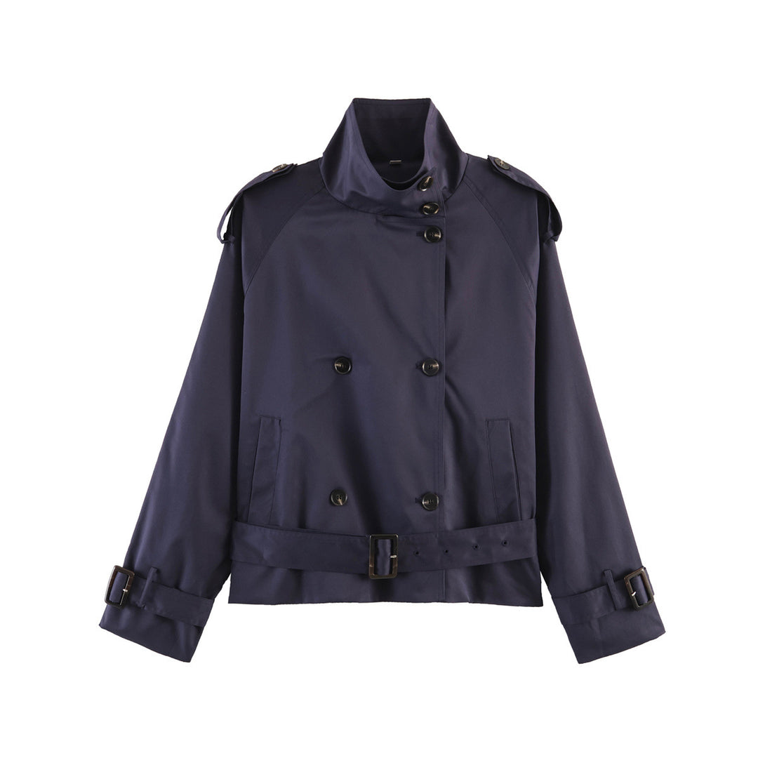 Damen 20+ kurzer Doppelreiher Trenchblouson im Boxy‑Cut mit Stehkragen Schulterklappen und verstellbarem Taillengürtel Drune