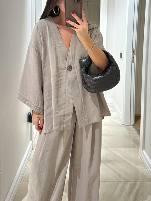 Damen nan lockeres Leinenoptik-Zweiteiler mit Kimono-Blazer und weitem Palazzo-Hose Drune