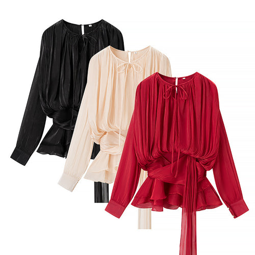 Damen Chiffon-Bluse mit drapierter Korsagen-Optik, Volant‑Peplum und Bindegürtel Drune