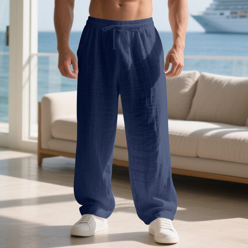 Herren lockere Sommerhose aus leichtem Leinenmaterial mit elastischem Bund und Seitentaschen Drune