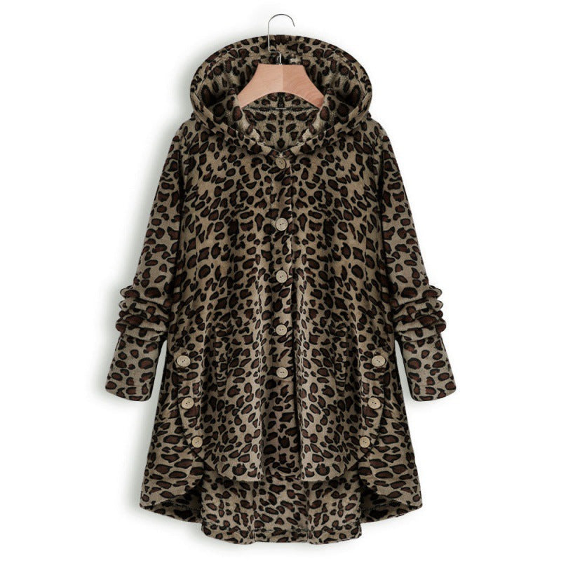 Damen Lässige Kapuzenjacke mit tierischen Mustern und Knopfdetails Drune