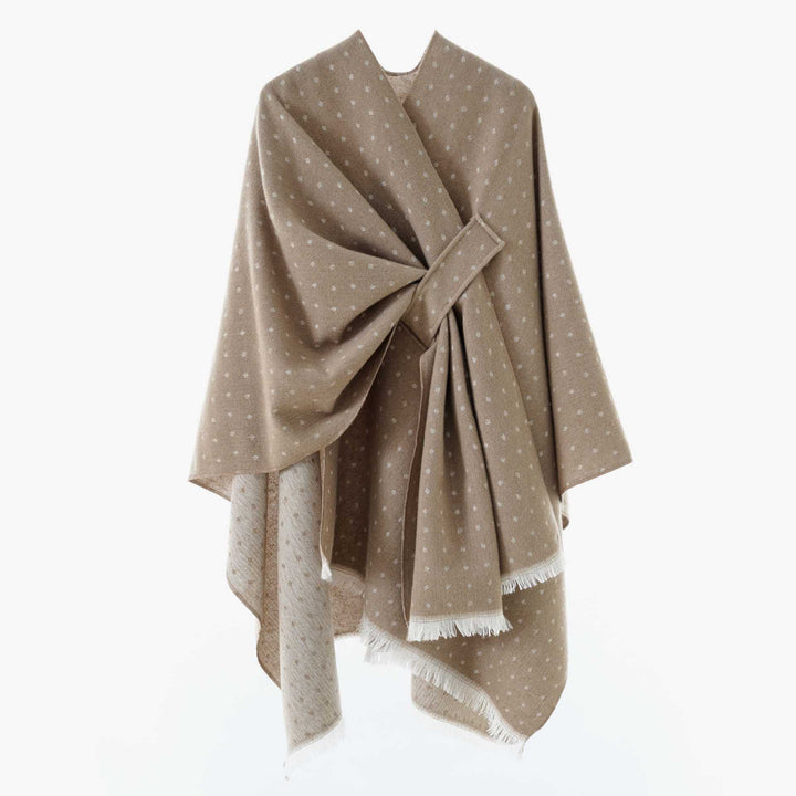Damen Umlegbarer Wollmix-Poncho mit Hahnentritt-Jacquard und Bindegürtel Drune