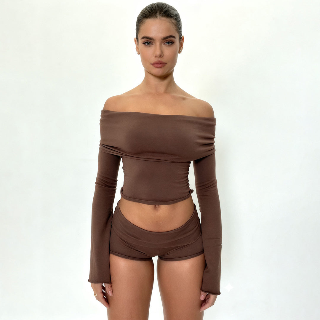 Damen nan Off-Shoulder Lounge-Set mit Langarm-Croptop und Highwaist-Shorts aus Stretchjersey Drune