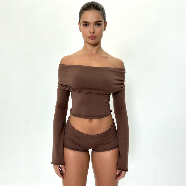 Damen nan Off-Shoulder Lounge-Set mit Langarm-Croptop und Highwaist-Shorts aus Stretchjersey Drune