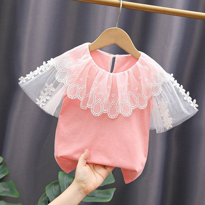 Mädchen Bluse mit Blumenstickerei und Tüllärmeln Drune