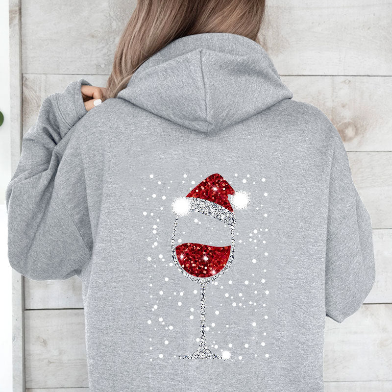 Damen Oversize Kapuzenpullover mit weihnachtlichem Glitzer-Weinglas-Print Drune