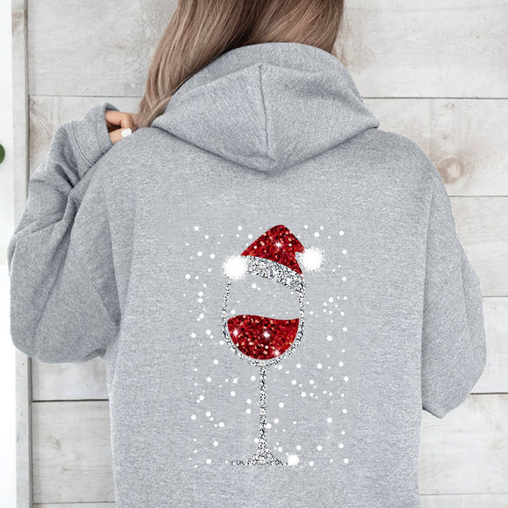 Damen Oversize Kapuzenpullover mit weihnachtlichem Glitzer-Weinglas-Print Drune