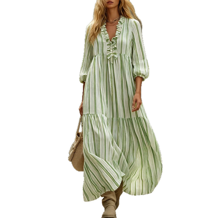 Damen Maxikleid mit Rüschen-V-Ausschnitt und Ballonärmeln Drune